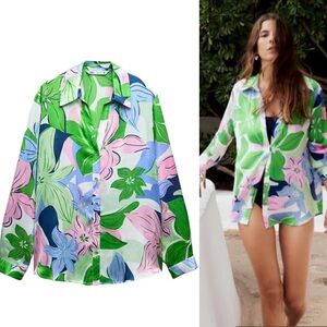 HTF NWT Zara Floral Printed Chiffon Button Down Blouse - L
